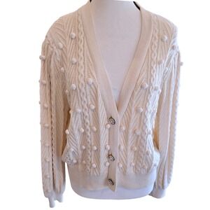 Broadway 38 Womens XL Ivory Cable Knit Pom Pom Cardigan Pearl Button Sweater